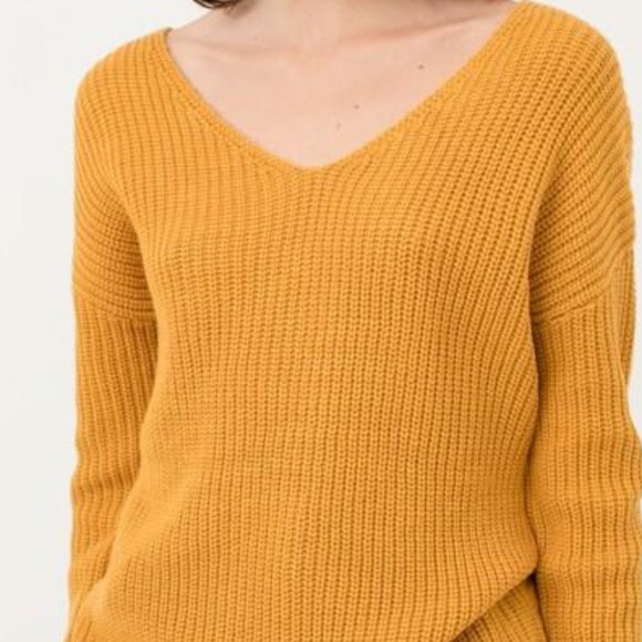 Mustard V-Neck Twisted Back Oversized Sweater - Picture 6 of 7